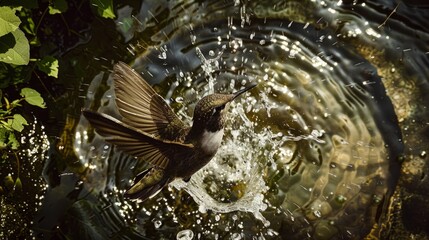 Fototapeta premium Hummingbird captured from above, bathing in a pond with water splashing