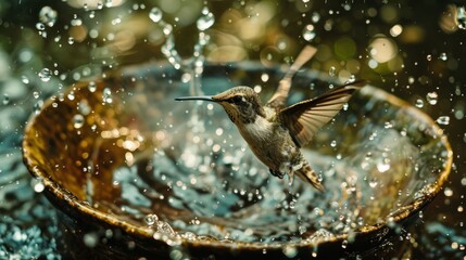 Fototapeta premium An overhead view of a hummingbird joyfully splashing around in a bowl of water while bathing