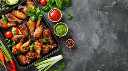 A tray filled with crispy chicken wings and colorful vegetables displayed on a modern surface
