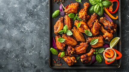 A tray holding crispy chicken wings with peppers, onions, and more, creating a flavorful and visually appealing dish - obrazy, fototapety, plakaty