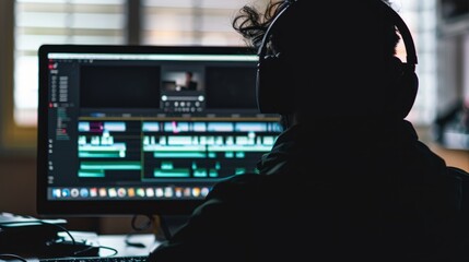 A person wearing headphones is deeply focused on video editing tasks while sitting at a computer