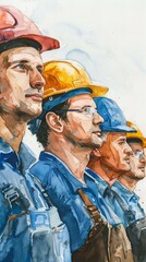 Detailed watercolor illustration of construction workers. Labor Day concept