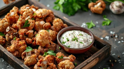 A wooden tray filled with cauliflower florets next to a bowl of ranch dressing on a table