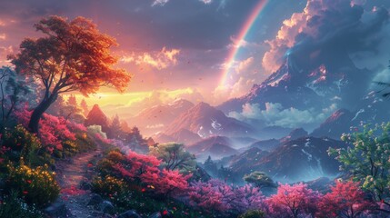 A magical Rainbow Land. A magical natural backdrop. Concept Art. Realistic Illustration. CG Artwork for Video Games. Fairytale Scenery.