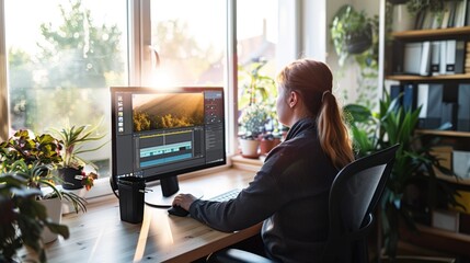 A focused woman is seated at a sleek workstation, meticulously editing video content on a high-resolution computer monitor - Powered by Adobe
