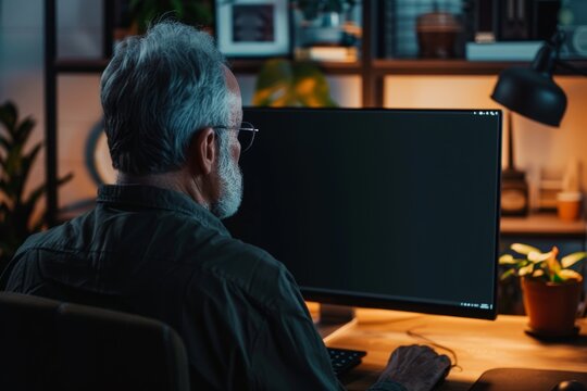 Display mockup from a shoulder angle of a senior man in front of a computer with an entirely black screen