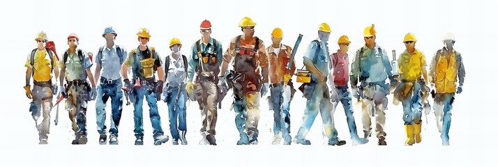 Conceptual watercolor artwork of construction workers on site. Labor Day concept