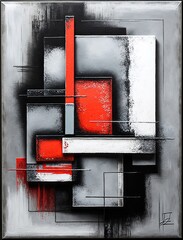 Abstract painting on canvas with black, white, and red palette
