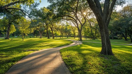 A wide shot showcasing a winding pathway through an urban park, surrounded by tall trees and lush green grass