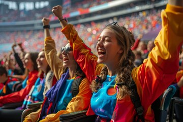 A group of people are sitting in a stadium, all wearing colorful clothing