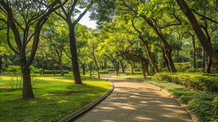 Fototapeta na wymiar A wide-angle shot of a path winding through an urban park lined with lush trees, capturing a serene ambiance