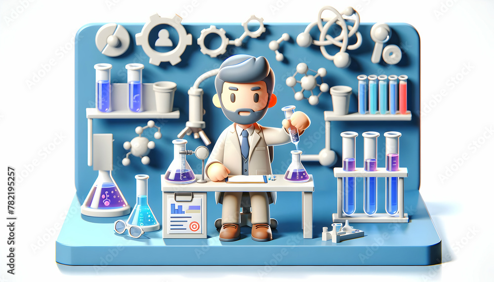 Poster 3d icon of science teacher conducting experiments in a lab, portraying daily routine and candid envi