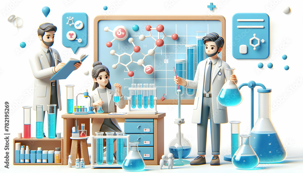 Poster scientific exploration: 3d icon of a science teacher conducting experiments in a laboratory setting,