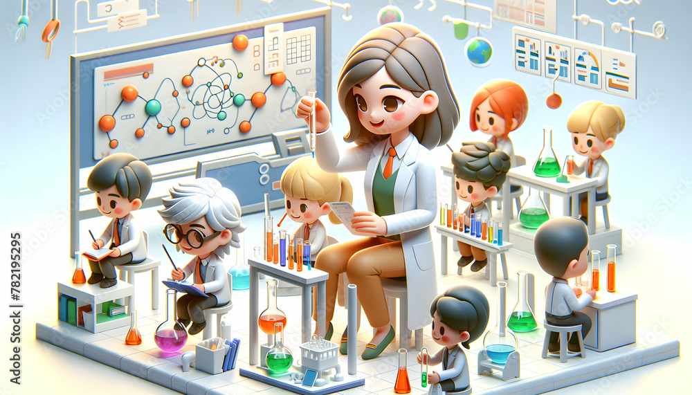 Poster group of diverse students and teacher conducting science experiments in a candid daily routine envir