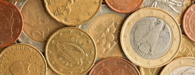 European money euro coins. Shiny coins of European union currency close up