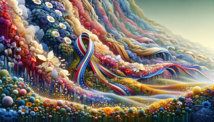 Abstract art showcasing ribbons, blooming flowers and vibrant colors symbolizing the depth of gratitude felt towards veterans. Memorial Day concept.