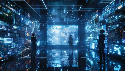 Man standing in a control room with multiple data screens. Technology and surveillance concept