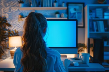 Application mockupover the shoulder shot of a adult woman in front of a computer with a completely blue screen