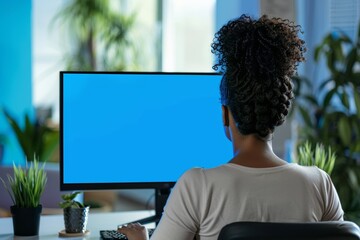 Application mockupover the shoulder shot of a adult woman in front of a computer with a completely blue screen