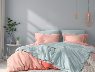 Fototapeta na wymiar Pastel blue, pink and orange bedding on double bed in bedroom interior