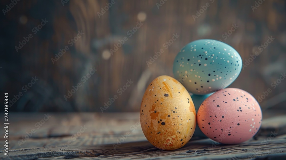 Poster three eggs neatly arranged on a rustic wooden table, suitable for food and cooking themes