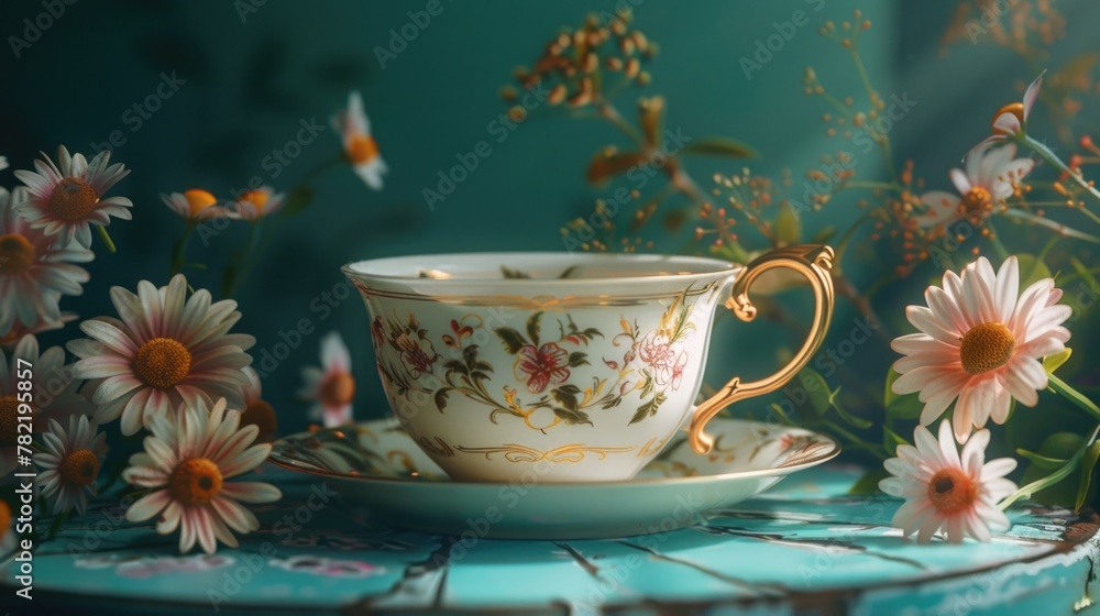 Poster a simple tea cup and saucer on a table, perfect for various design projects