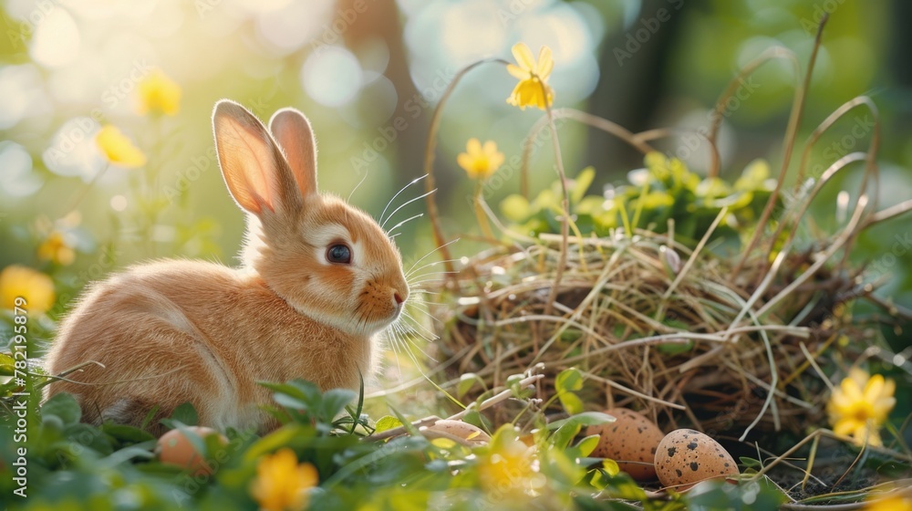 Poster a cute rabbit sitting in the grass next to a nest of eggs. suitable for easter or spring-themed desi