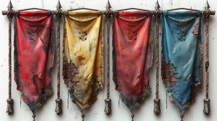The ancient medieval banners set isolated on a white background are shown in 3D.