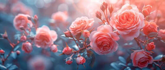 Fantasy spring or summer floral wide banner with pink rose flowers set in soft pastels