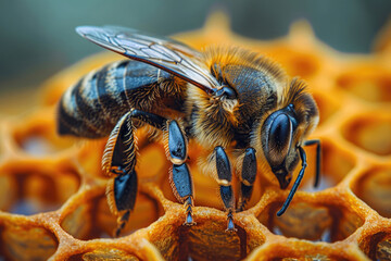A bee perched on a honeycomb, with its pollen-covered legs and fuzzy body in sharp focus