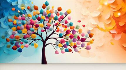 Colourful tree with leaves on hanging branches of a blue white and golden illustration background