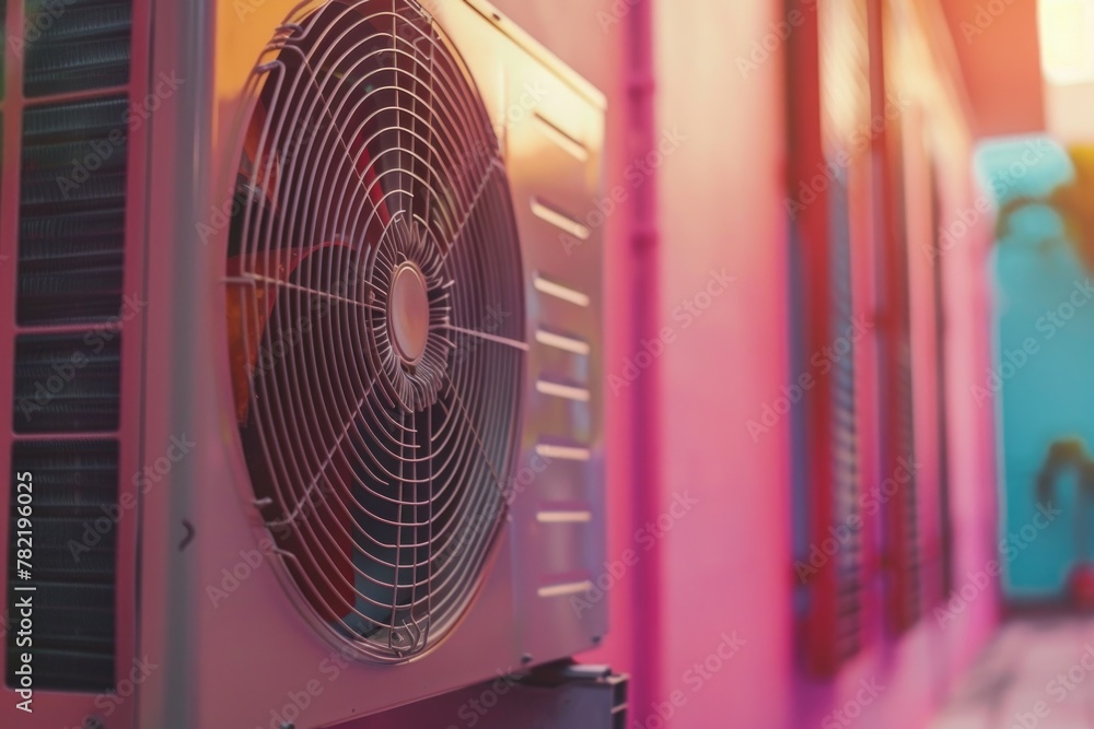 Poster air conditioner unit attached to building exterior, suitable for hvac or architecture concepts