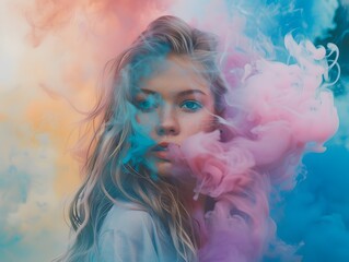 A beautiful girl in colored smoke 