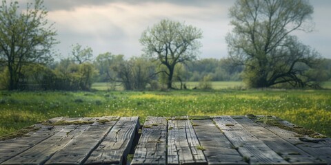 Obraz premium A wooden table in a field with trees in the background. Ideal for nature-themed designs