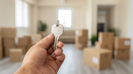 Apartment keys in hand with unfocused moving boxes backdrop. - obrazy, fototapety, plakaty
