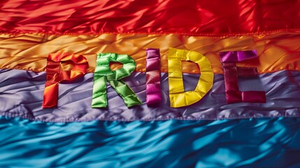 A rainbow flag with the word pride written on it. - obrazy, fototapety, plakaty