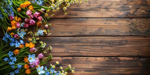 Fototapeta premium Beautiful bouquet of flowers on a rustic wooden table. Perfect for home decor or gardening websites