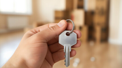 Apartment keys in hand with unfocused moving boxes backdrop.