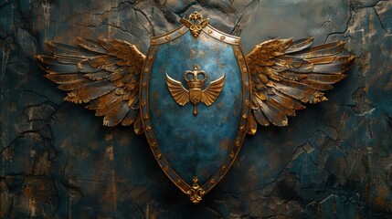 Fototapeta premium With crowned helm and iron wings, this fantasy heraldic shield is beautiful