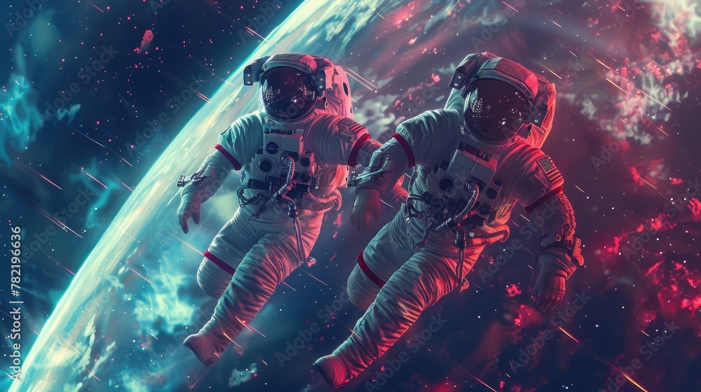 Poster Astronauts in space with distant planet, suitable for science and exploration concepts