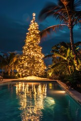 A festive Christmas tree next to a swimming pool. Perfect for holiday and vacation concepts