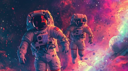 Two astronauts floating in outer space with a vibrant background. Suitable for space exploration concepts - obrazy, fototapety, plakaty