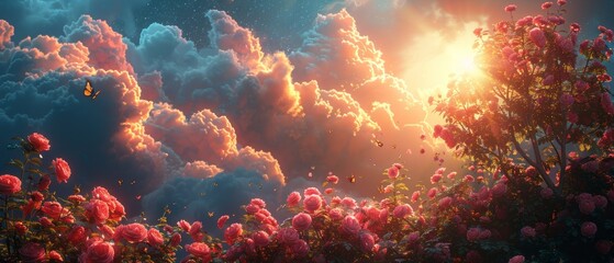 An idyllic tender scene of a romantic pink rose garden under a brilliant night sky with shining stars and cloud formations, together with flying peacock eye butterflies. - obrazy, fototapety, plakaty