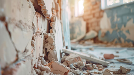 Room with exposed walls and renovation debris. - obrazy, fototapety, plakaty