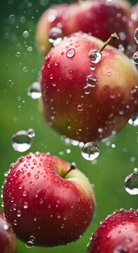 juicy red apples under a stream of fresh water with lots of waterdrops against a green blurred background, slow motion zoom, fresh vertical vood video