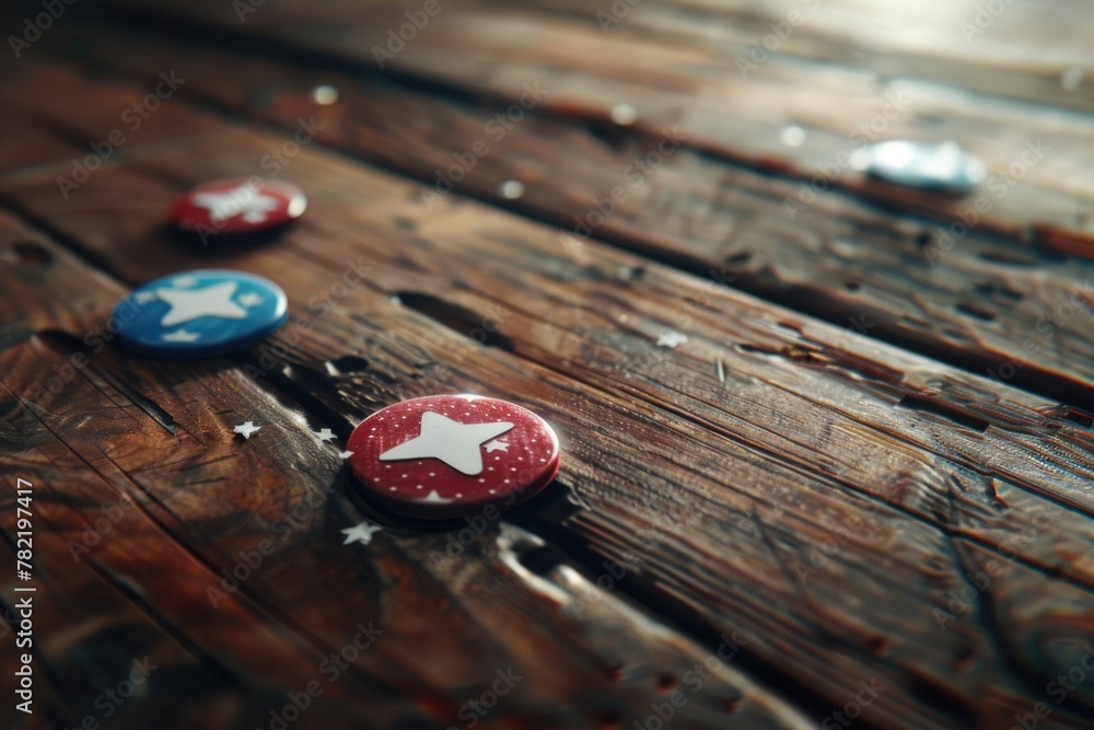 Poster close up view of a wooden table with buttons, ideal for concepts related to sewing and crafts