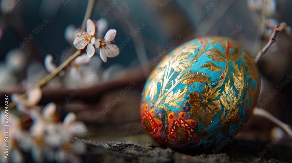 Poster a colorful painted egg resting on a tree branch. perfect for easter or spring-themed designs