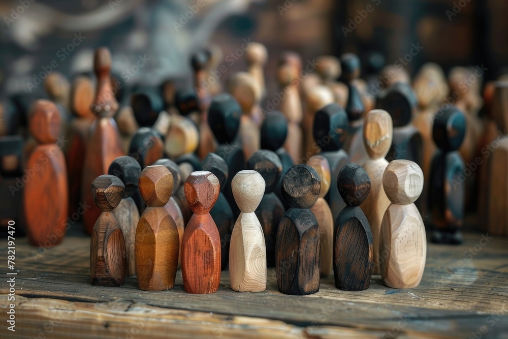 Poster group of wooden figures standing in unity. ideal for team building concepts
