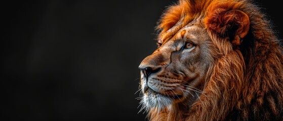 Profile portrait of a black African lion, a majestic king of animals, proudly dreaming and looking...