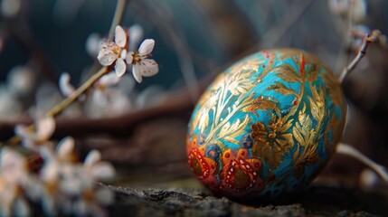 Obraz na płótnie Canvas A colorful painted egg resting on a tree branch. Perfect for Easter or spring-themed designs